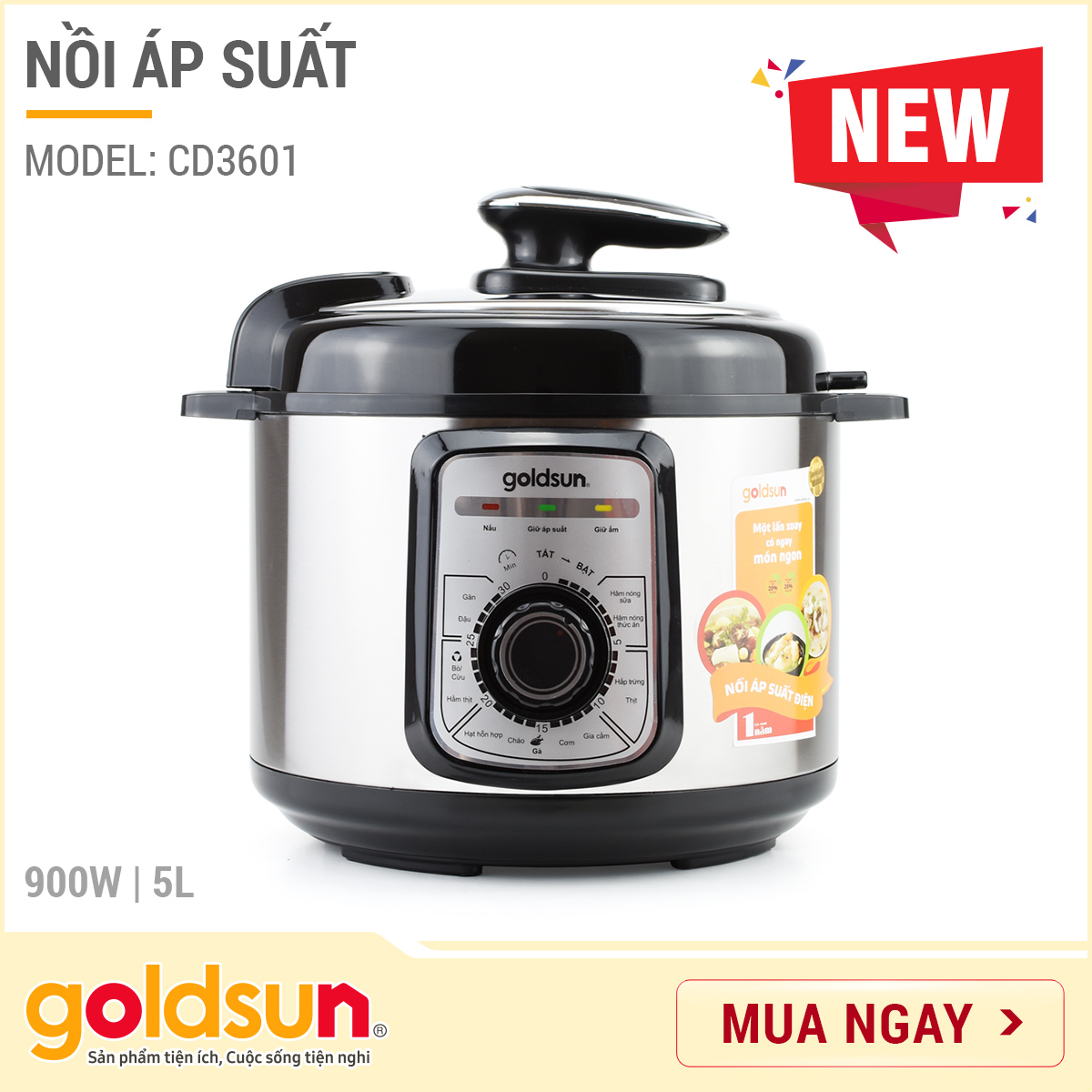 Nồi áp suất điện cơ 5L Goldsun CD3601