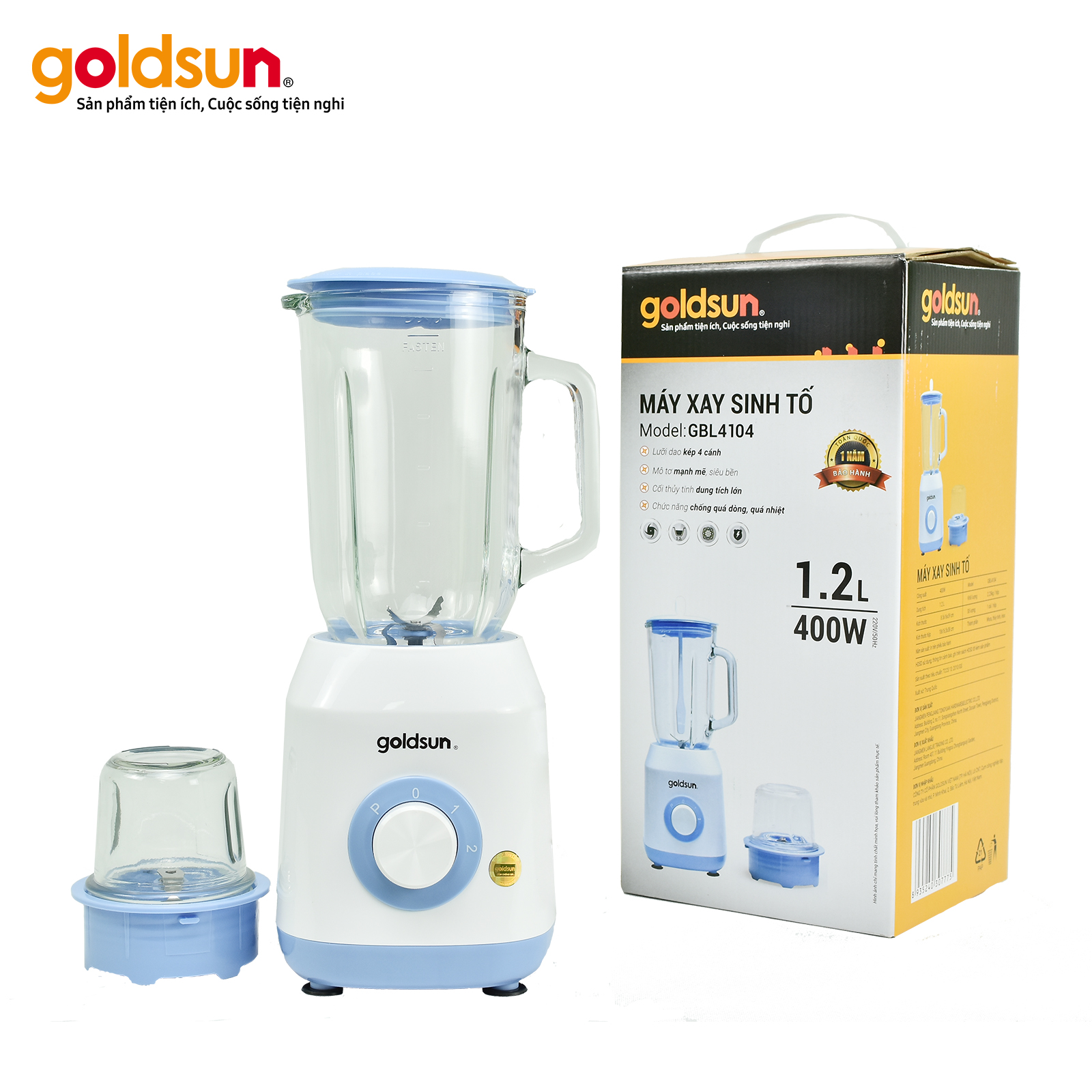 Máy xay sinh tố Goldsun công suất 400W, 2 cối thủy tinh GBL4104