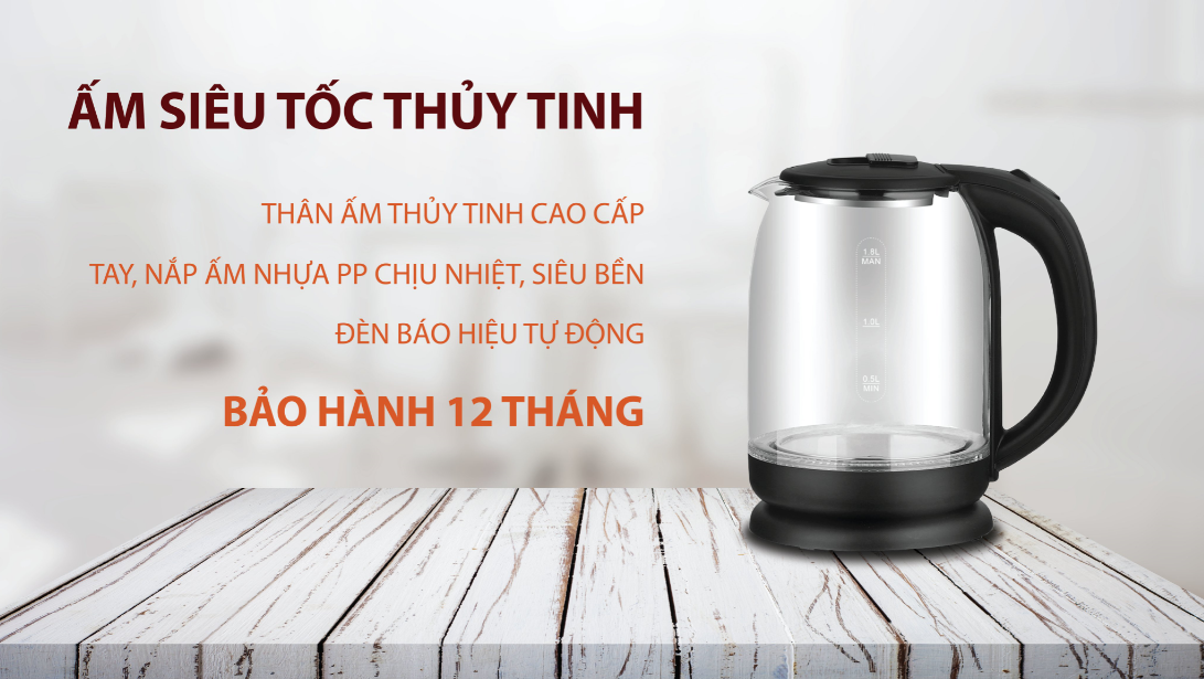 Ấm siêu tốc thủy tinh 1,8L Goldsun GKT2601G