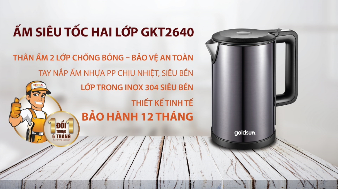 Ấm siêu tốc 2 lớp 1,7L Goldsun GKT2640