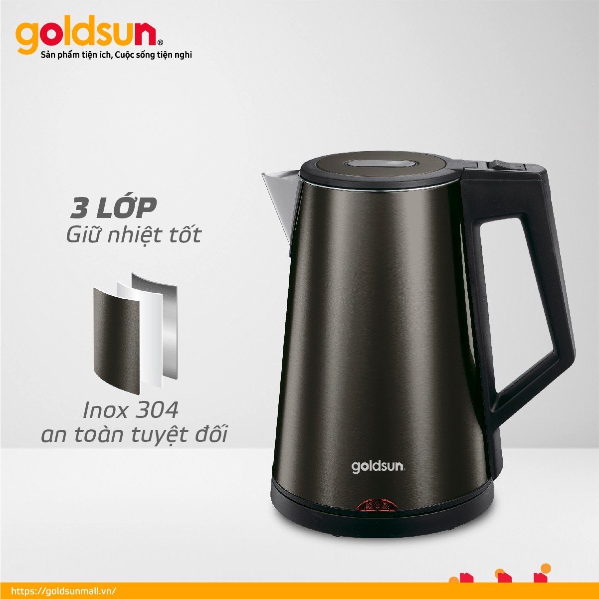 Ấm siêu tốc 3 lớp giữ nhiệt 1,7L Goldsun GKT2641BK