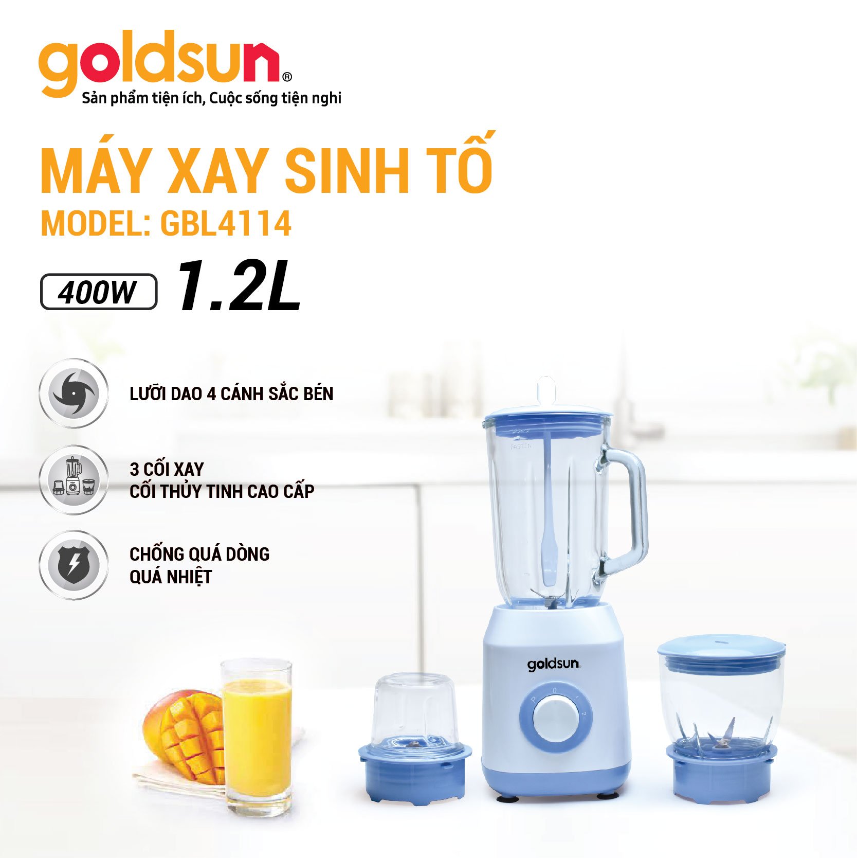 Máy xay sinh tố Goldsun công suất 400W, 3 cối thủy tinh GBL4114