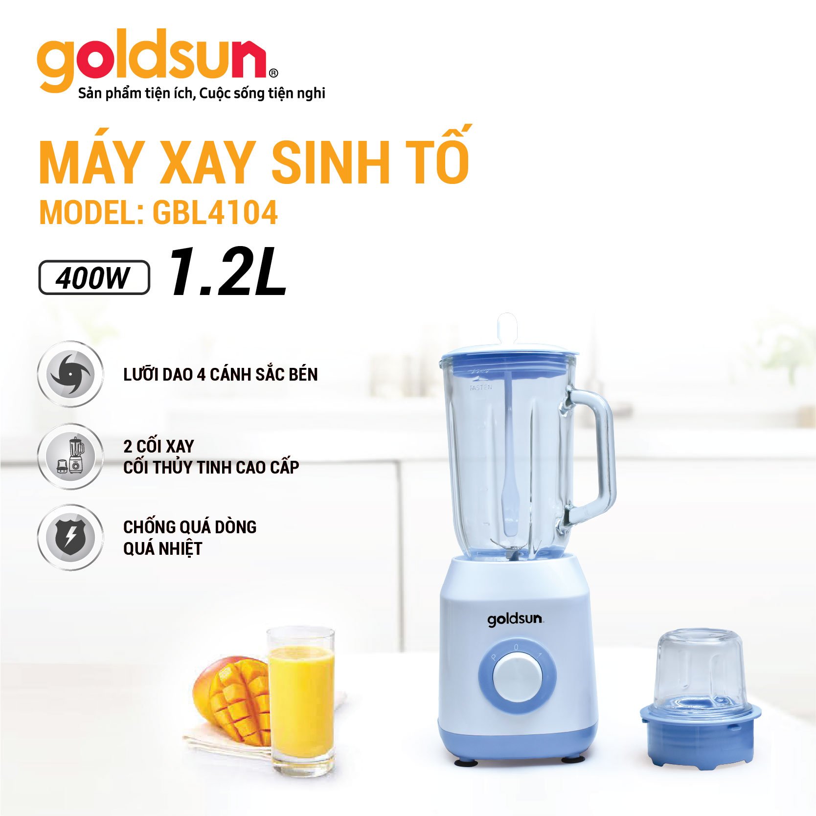 Máy xay sinh tố Goldsun công suất 400W, 2 cối thủy tinh GBL4104