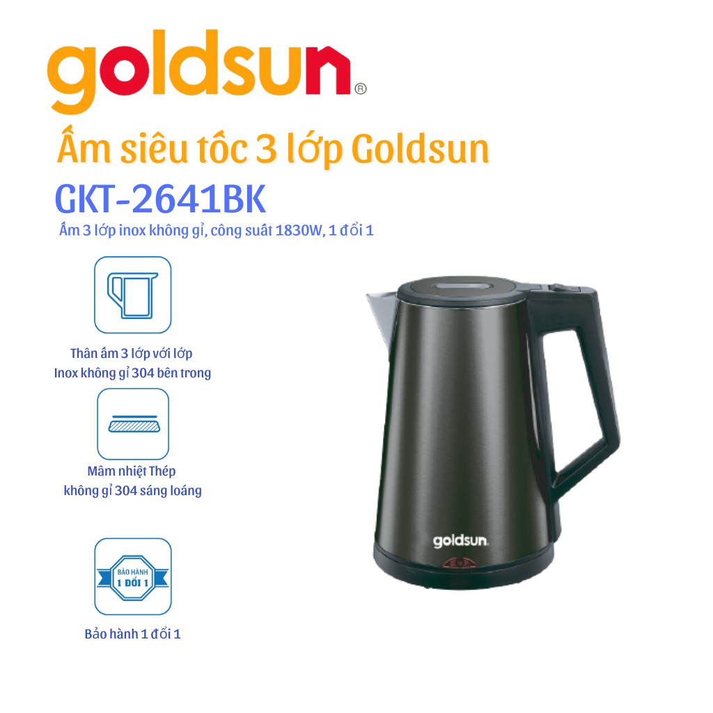Ấm siêu tốc 3 lớp giữ nhiệt 1,7L Goldsun GKT2641BK