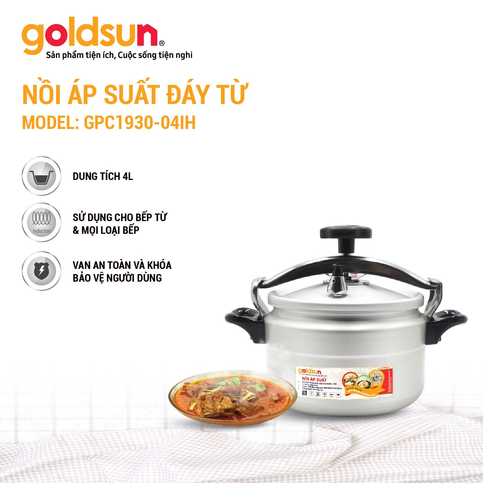 Nồi áp suất nhôm đáy từ 4L Goldsun GPC1930-04IH