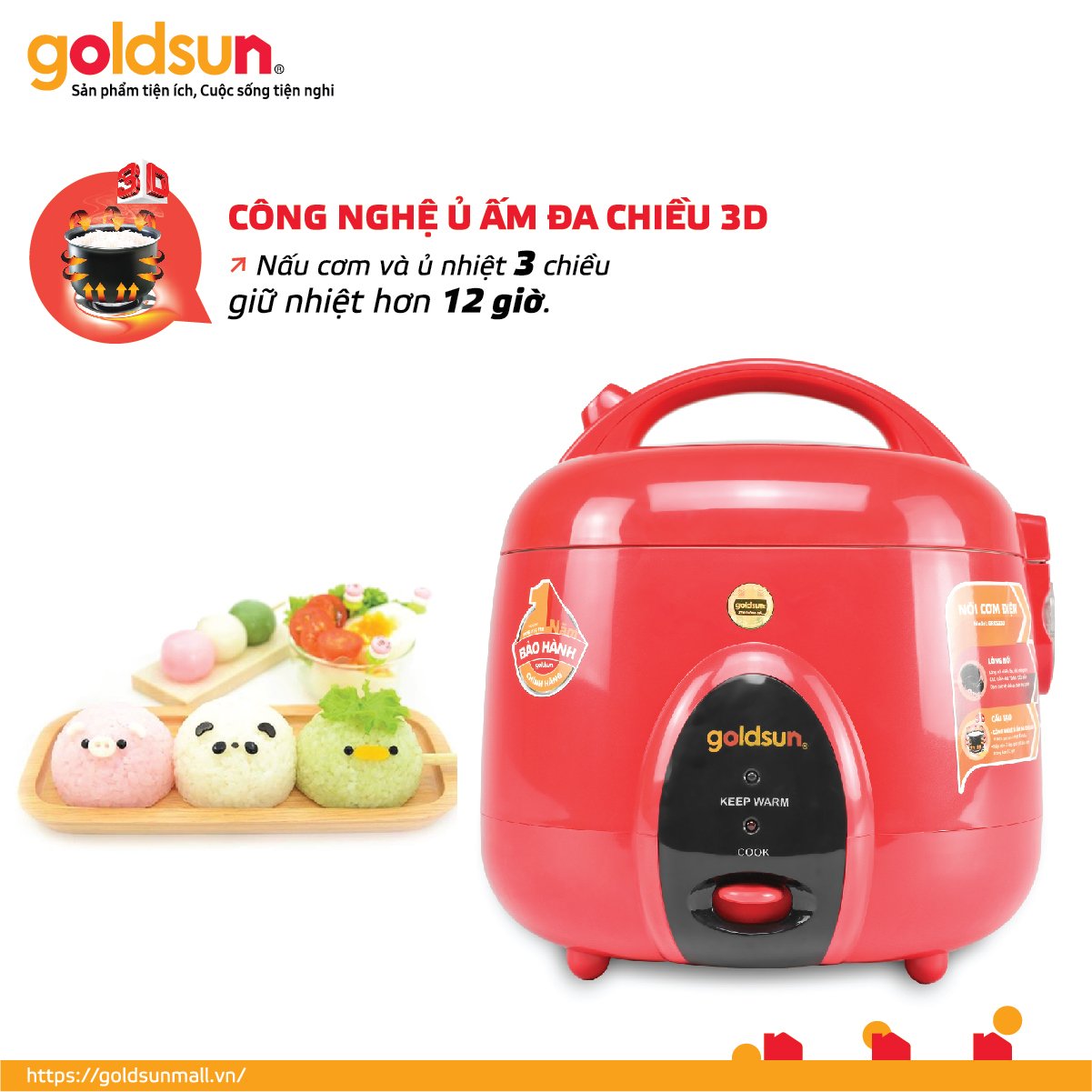 Nồi cơm điện Goldsun nắp Gài 3D 1,5 lít GRC5030 (màu đỏ)